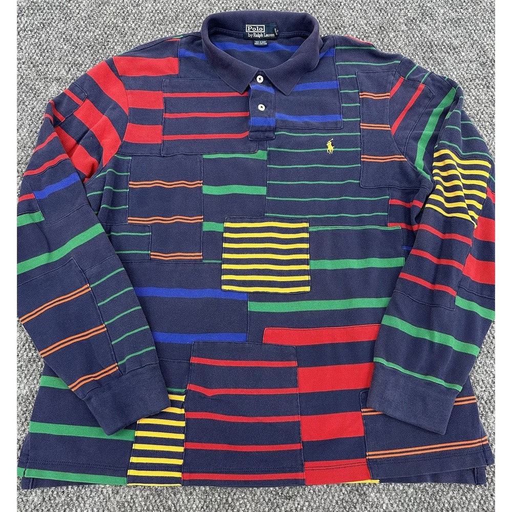 Vintage Polo Ralph Lauren Men's XL Patchwork Rugby Shirt Long Sleeve Multicolor